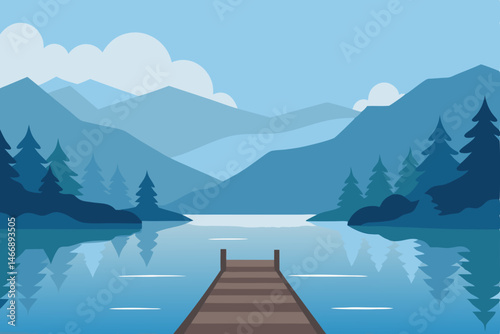 foggy lakeside dock with distant rowboat and fores.svg