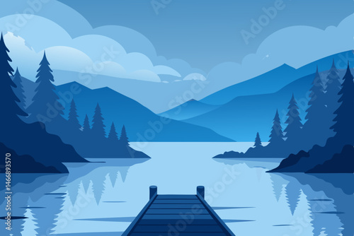 foggy lakeside dock with distant rowboat and fores 