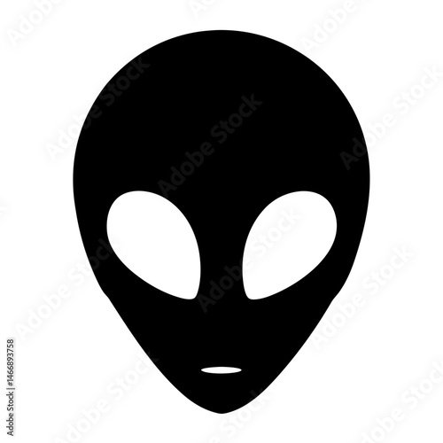 Black silhouette of a classic alien face on a white background