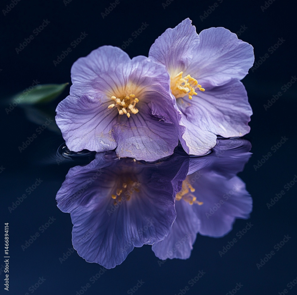 image of cistus creticus purple flower, and its reflection, minimal, atmospheric and creative fine art photography