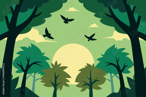 forest canopy view with birds flying between sunli.svg