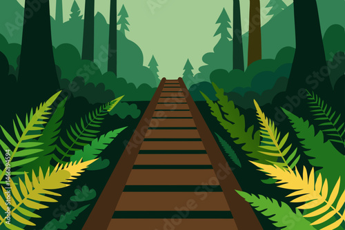 forest boardwalk with ferns and moss draped branch.svg