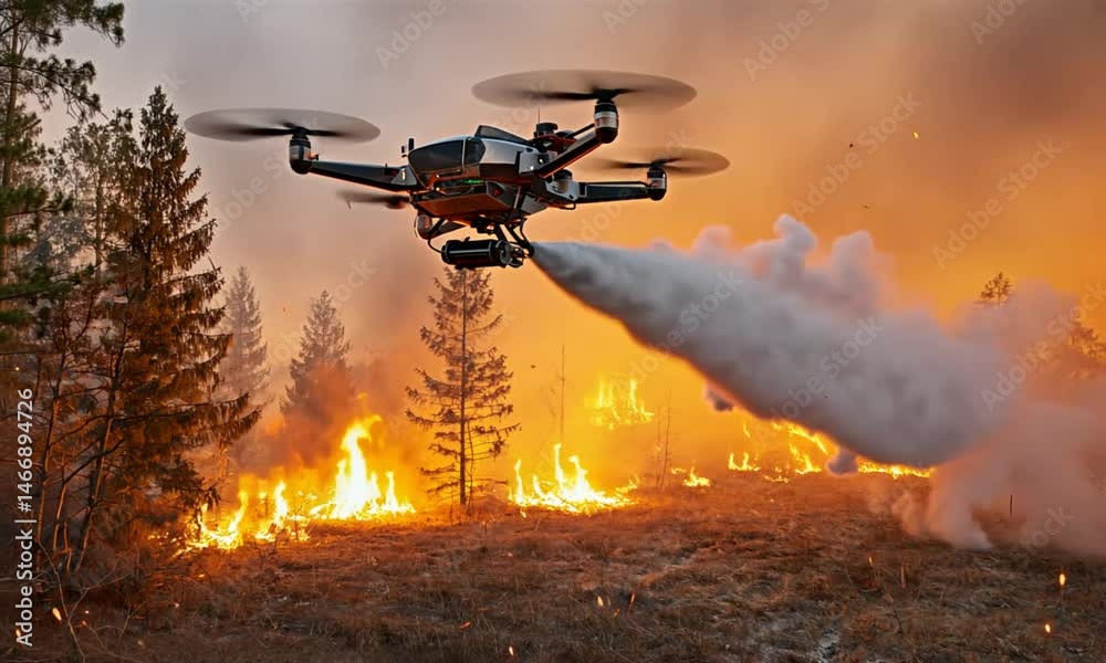 Drone firefighting aerial view extinguishing flames with innovative technology