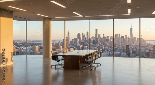 Modern Office with Stunning City View - A contemporary office space boasts breathtaking panoramic city views through expansive floor-to-ceiling windows. A sleek conference table is positioned to maxim