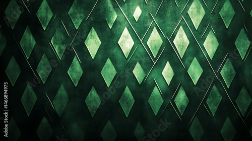 A pattern of green diamond shapes on a dark green background, creating a sophisticated and elegant design.