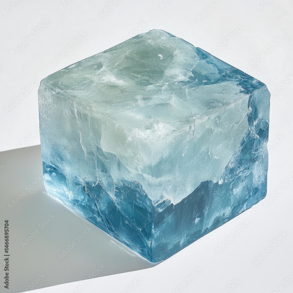 A translucent blue and green cube, resembling ice or a gemstone A translucent blue and green cube, resembling ice or a gemstone