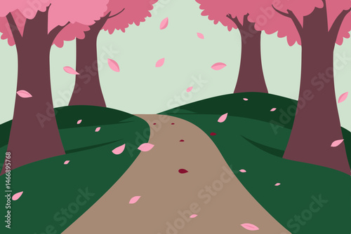forest path with falling cherry blossom petals 