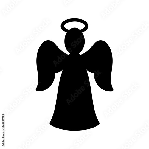 Black silhouette of angel with halo and wings on white background