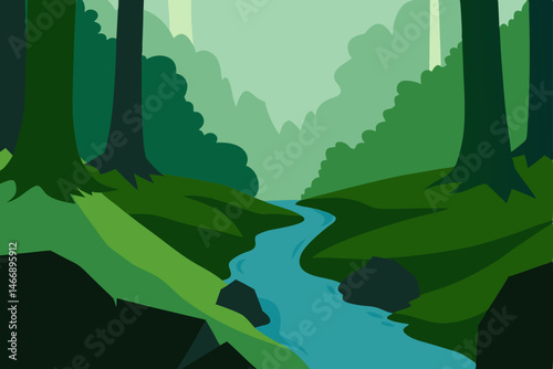 forest ravine with a hidden stream and moss covere