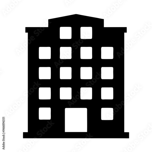 Black building silhouette with windows, a simple architectural representation design