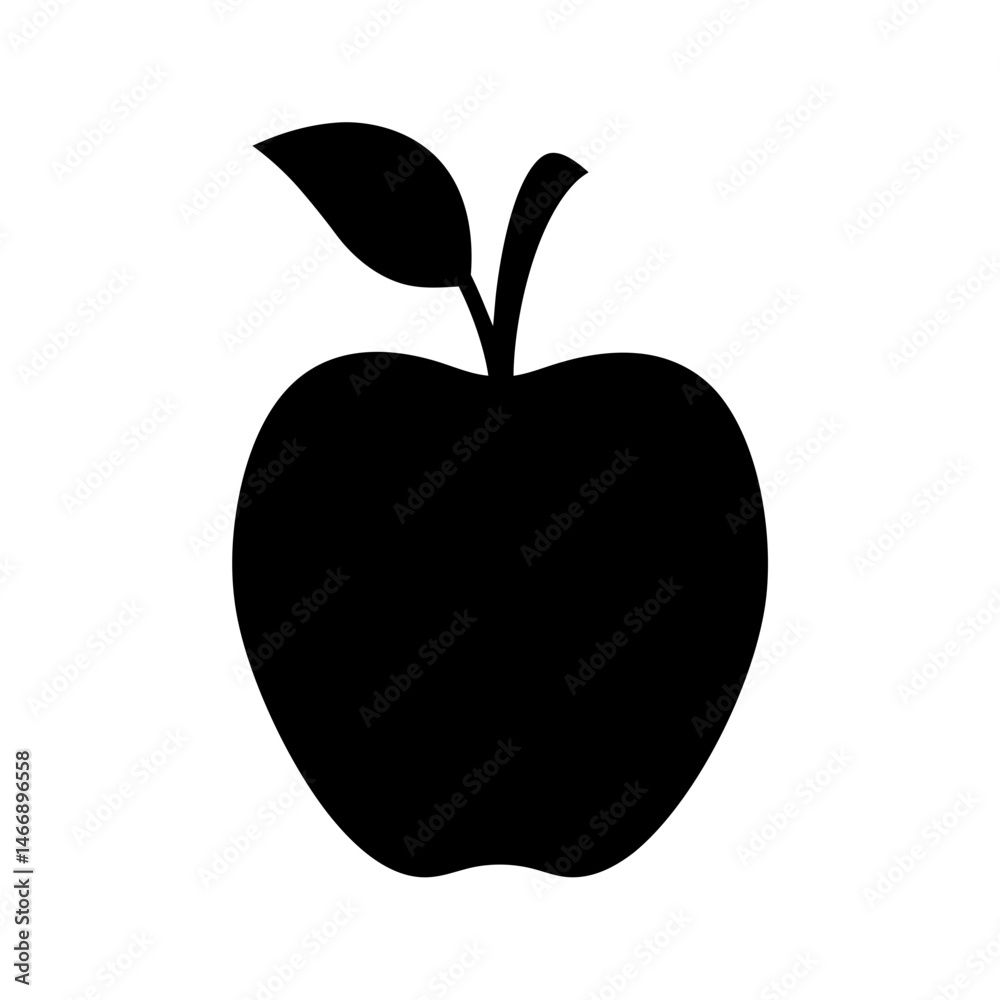 Fototapeta premium Simple black apple silhouette against a white background with a single leaf