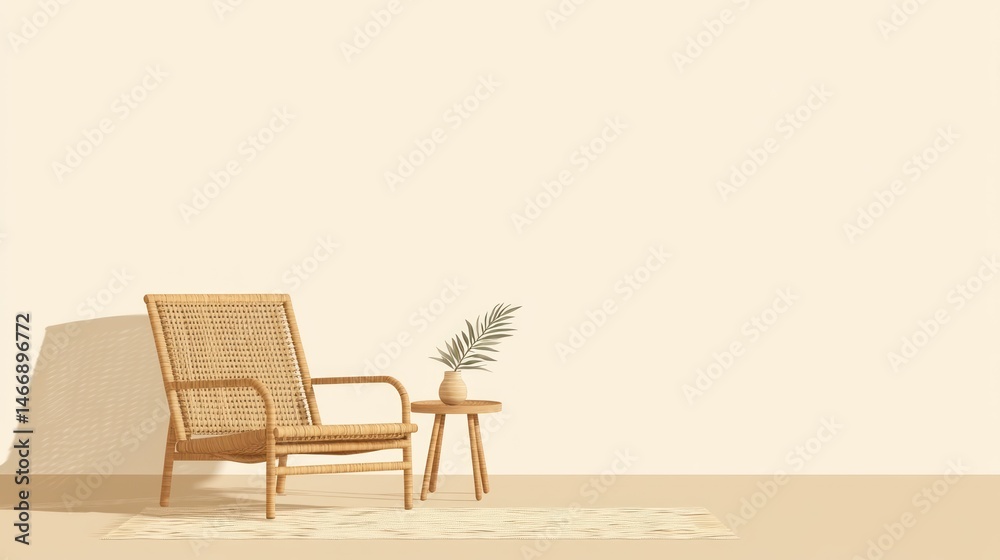 Fototapeta premium Rattan chair, side table, beige room, sunlit. Interior design mockup