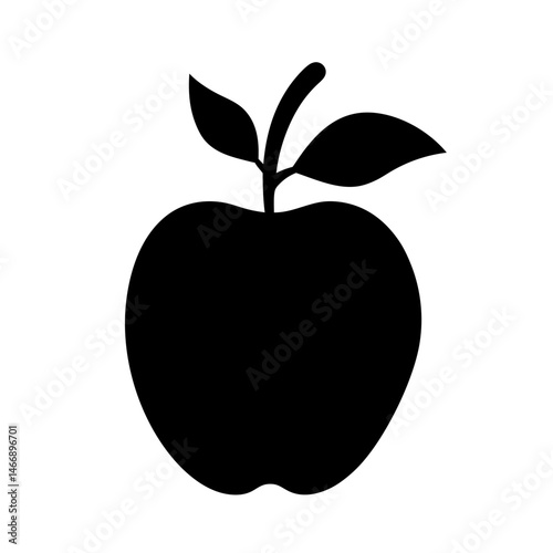Striking minimalist black and white apple illustration with leaves and stem