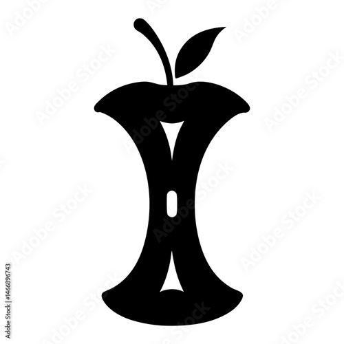 Striking black silhouette of an apple core with stem and leaf
