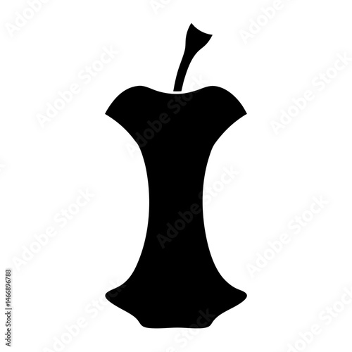 Black silhouette of an apple core with a stem on a white background