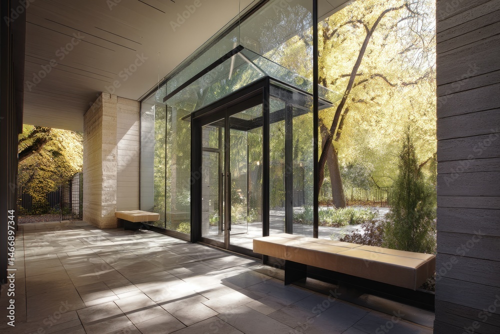 Obraz premium Tall modern entrance with steel-framed glass door --ar 3:2 --v 7 Job ID: dd452b88-a7a8-4af4-991a-68a1376918ce