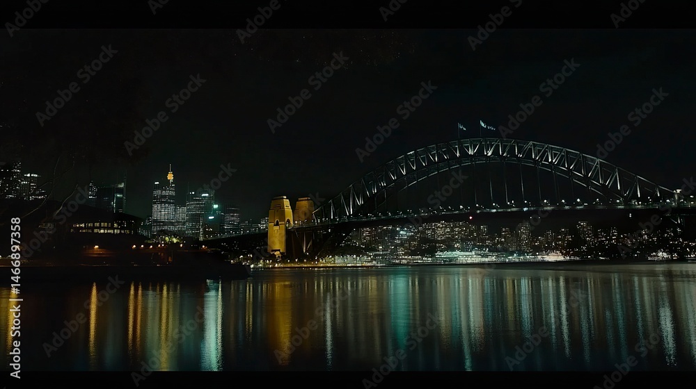 Naklejka premium A stunning night view of the Harbour Bridge, its arches lit brightly, framed by the radiant Sydney skyline reflected in the shimmering harbor below. 