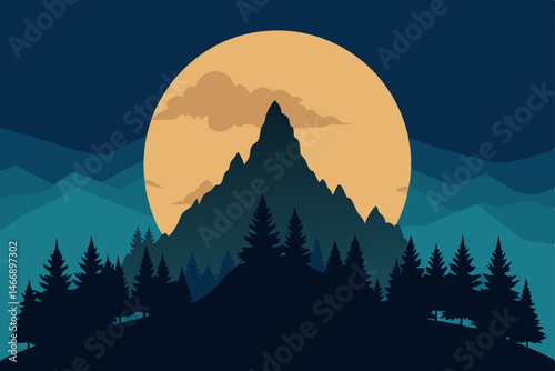 full moon rising behind a mountain silhouette 
