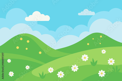 gentle hills in spring bloom with daisies and soft