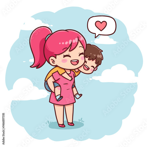 Happy mother piggybacking smiling son with love heart