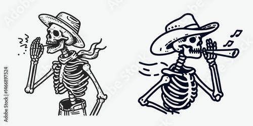 Skeleton as Cowboy Whistling while walking. Western Outline Clipart ink line art doodle vector illustration. Bony figure rancher attire vocalizing tune strolling locomotion fantasy.