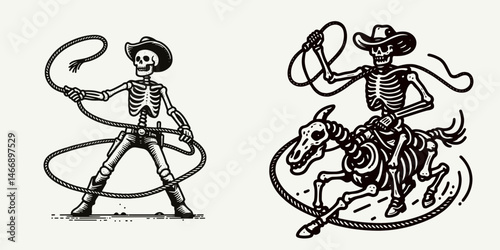 Skeleton as Cowboy Whipping lasso. Western Outline Clipart ink line art doodle vector illustration. Bony rider wielding cord loop ranching icon horror concept skeletal herdsman.