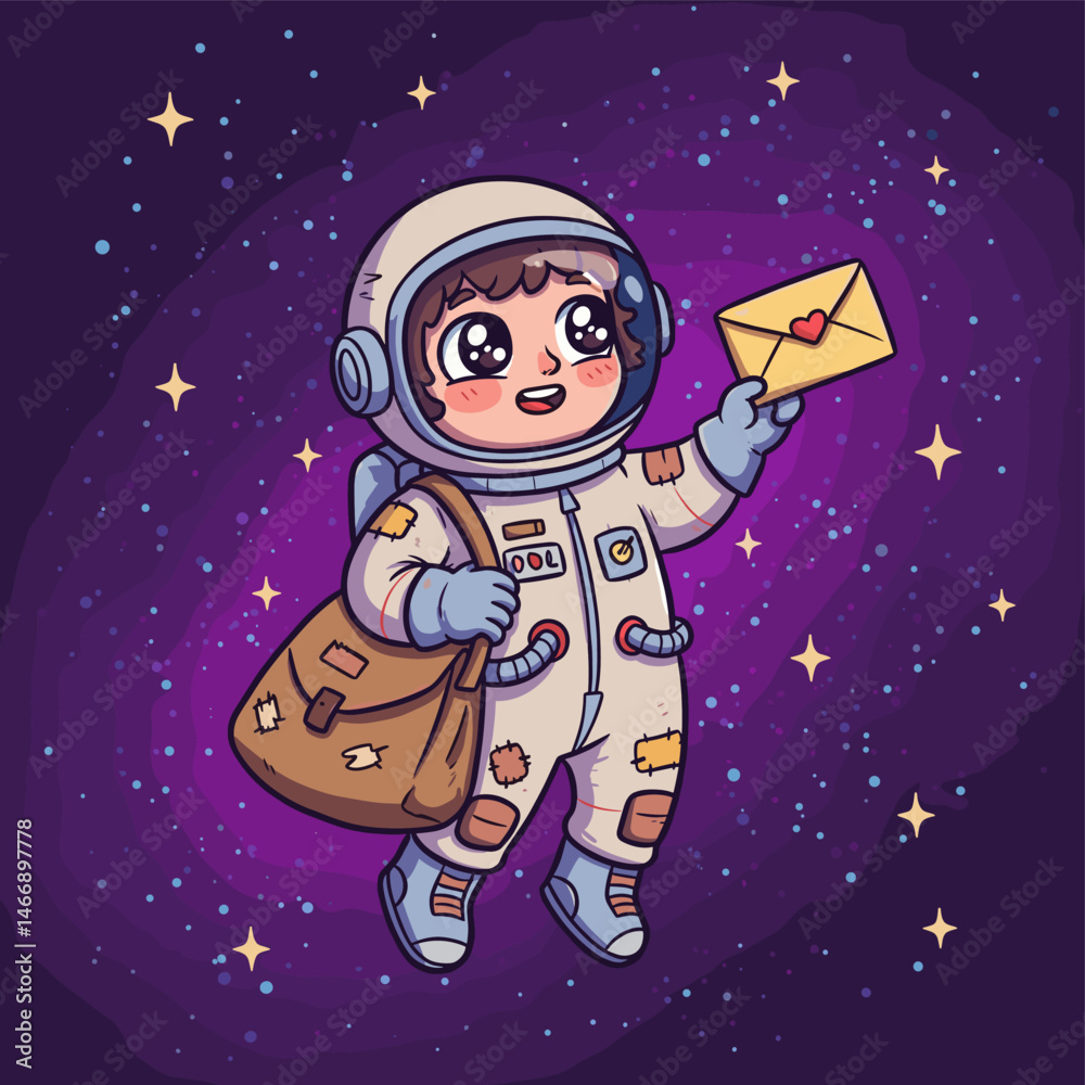 Naklejka premium Cosmic Courier: A cartoon astronaut, clutching a letter, floats amidst a starry galaxy. The image radiates curiosity and a whimsical atmosphere of interstellar communication.