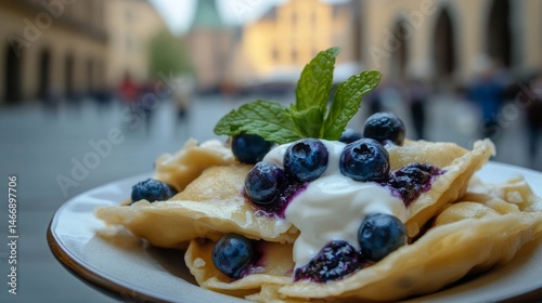 Blueberry Pierogi with Cream and Mint on City Street