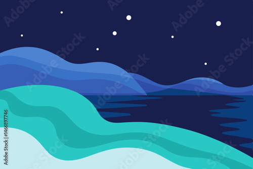 gentle waves lapping a starlit shoreline with glow