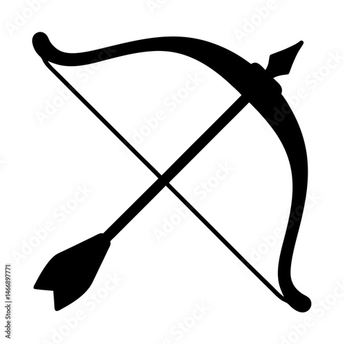 Minimalist illustration of a bow and arrow in black silhouette on white