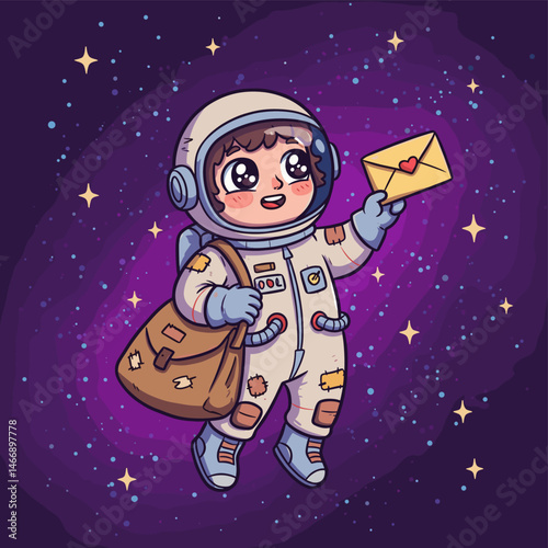 Cosmic Courier: A cartoon astronaut, clutching a letter, floats amidst a starry galaxy. The image radiates curiosity and a whimsical atmosphere of interstellar communication.