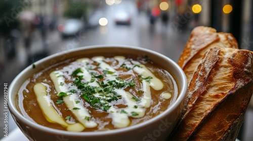 Caramelized Onion Soup with Baguette on Rainy Street