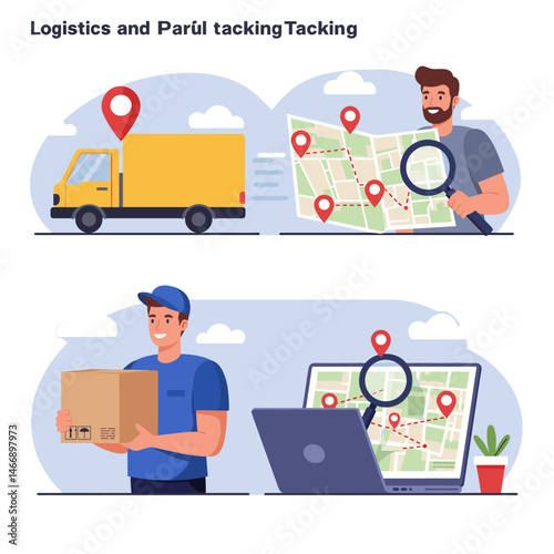 Logistics and Tracking Set: Truck, Map, Delivery Man, Laptop