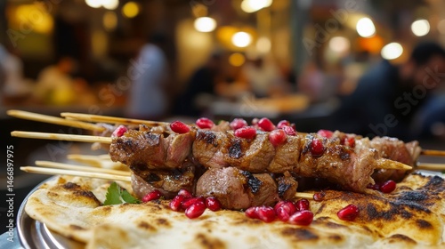 Barbecue Kebab on Fire with Flatbread and Fresh Garnish..
