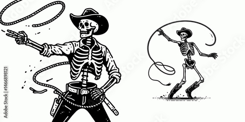 Skeleton as Cowboy Throwing a rope. Western Outline Clipart ink line art doodle vector illustration. Bony rancher figure flinging cord undead archetype lasso action.