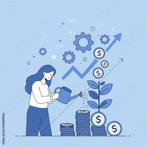 Woman Watering Money Plant, Investment Growth and Finance Concept