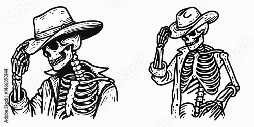 Skeleton as Cowboy Taking off hat. Western Outline Clipart ink line art doodle vector illustration. Undead rancher doffing headgear spooky apparel ghostly attire.