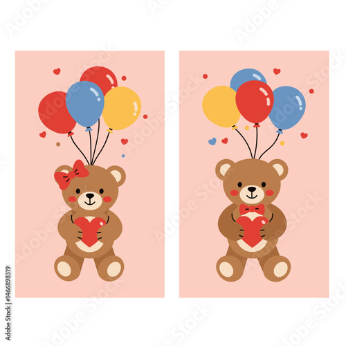 Two teddy bears holding hearts with colorful balloons, boy and girl