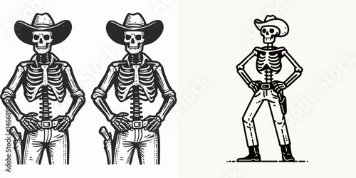 Skeleton as Cowboy Standing with hands on hips. Western Outline Clipart ink line art doodle vector illustration. Bony figure arm akimbo upright pose archetype theme.