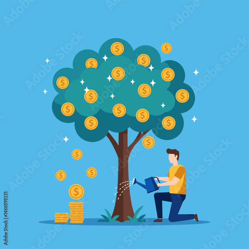 Man Watering Money Tree with Dollar Coins, Financial Growth Concept