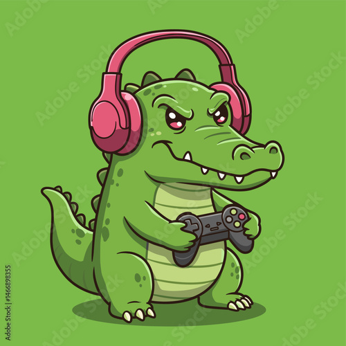 Crocodile Gamer with Headphones and Controller, Cartoon Mascot