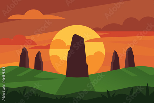 glowing sunrise behind ancient standing stones 