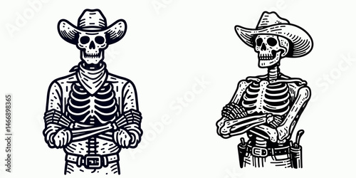 Skeleton as Cowboy Standing with crossed arms. Western Outline Clipart ink line art doodle vector illustration. Bony cowpoke figure posed arms-folded undead spooky halloween motif.