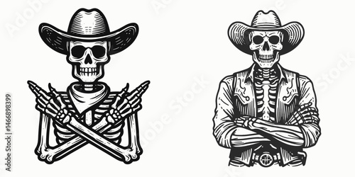 Skeleton as Cowboy Standing with crossed arms. Western Outline Clipart ink line art doodle vector illustration. Bony gunslinger figure posed arms-folded undead archetype.