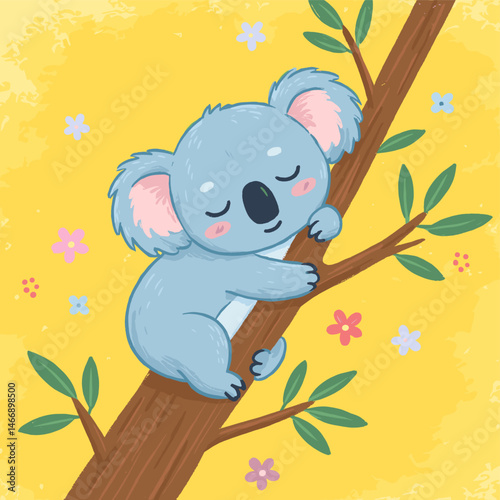 Sleeping Koala Hugging Tree Branch with Flowers, Cute Cartoon