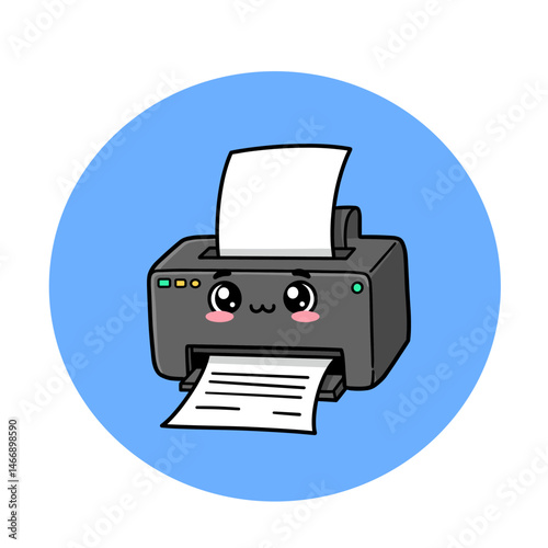 Cute Kawaii Printer with Blushing Cheeks, Office Equipment Cartoon