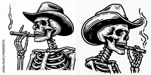 Skeleton as Cowboy Smoking a cigar. Western Outline Clipart ink line art doodle vector illustration. Skeletal gunslinger puffing stogie bone figure smoke break.