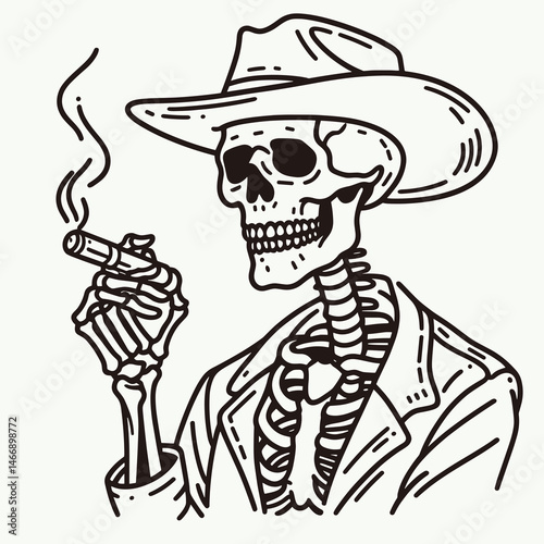 Skeleton as Cowboy Smoking a cigar. Western Outline Clipart ink line art doodle vector illustration. Bony gunslinger with stogie undead figure puffing on cheroot.