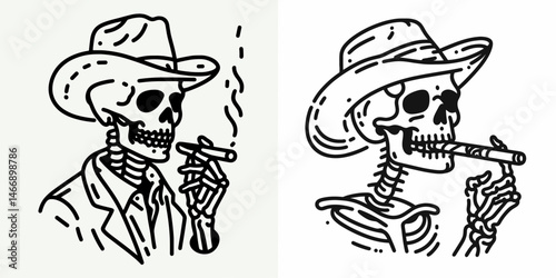 Skeleton as Cowboy Smoking a cigar. Western Outline Clipart ink line art doodle vector illustration. Bony rancher with stogie deadpan figure puffing tobacco.