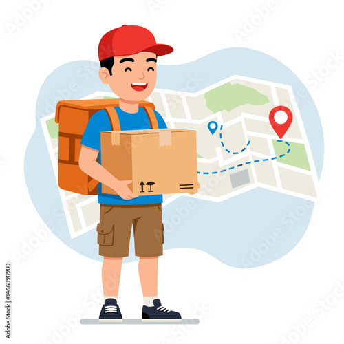 Delivery Boy with Backpack and Box, Map Navigation Background